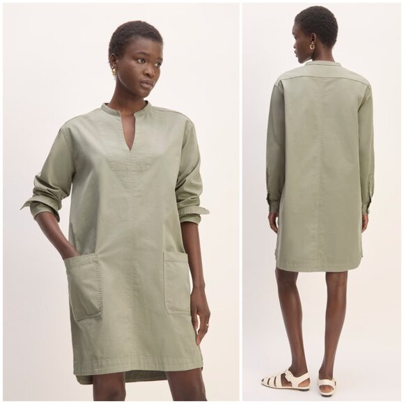 EVERLANE Long-Sleeve Utility Mini Dress Sage Green M Organic Cotton Minimalist - Picture 3 of 16